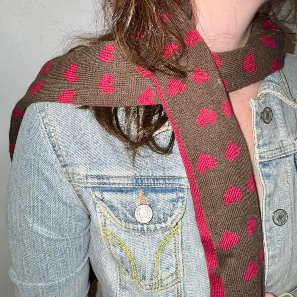 Knit chocolate brown hearts scarf